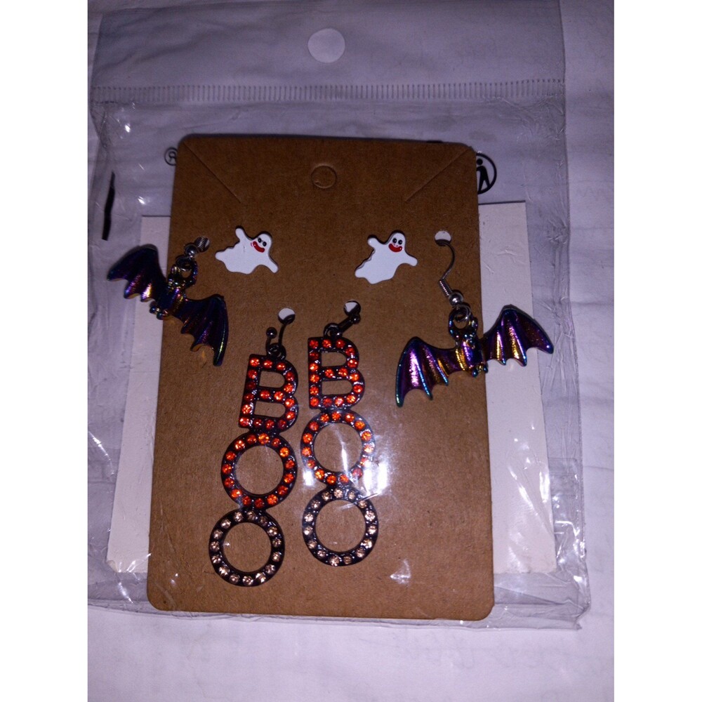 Halloween Earrings Set of 3 Ghost Studs Iridescent Dangle Bats & Rhinestone Boo